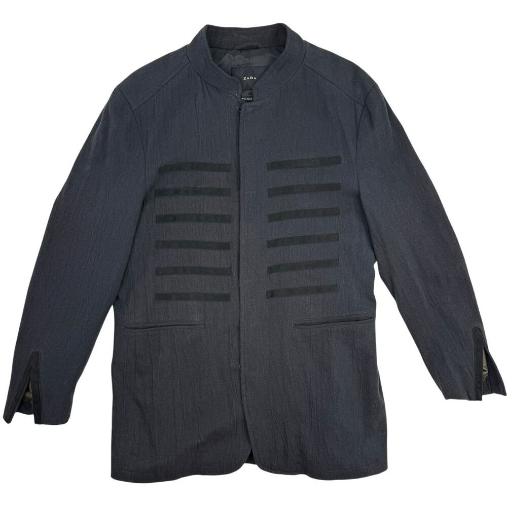 Zara Military Blazer Band Jacket Black Linen Cotton Blend Size M Stand Collar